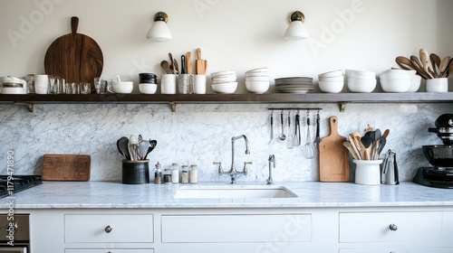 Modern kitchen interior, marble countertops, open shelving, cooking utensils, home decor, lifestyle blog.