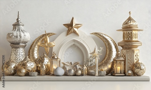 Elegant Islamic decor with gold and silver lanterns, crescent moons, and stars on a white shelf. photo