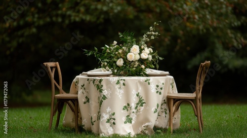 garden dining scene, spring dining outdoors with a floral table setting amidst lush garden decor and freshly cut blossoms photo