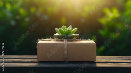 Gift Box with Succulent on Wooden Table. Generative AI photo