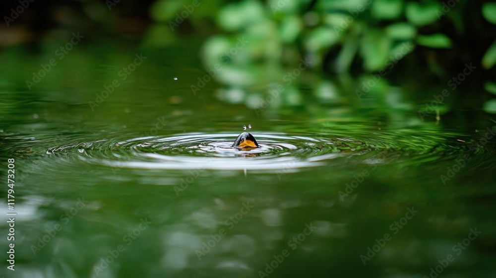 Fototapeta premium A serene pond with ripples, showcasing a glimpse of a bird's head above the water.
