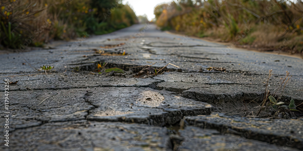 Fototapeta premium Cracked Asphalt Road with Vegetation