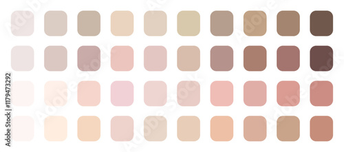 Skin tone palette color in rounded square. Beauty colors.  Skin tone color swatches. Skin tone index color set. Human skin color ranges from the darkest brown to the lightest hues. 