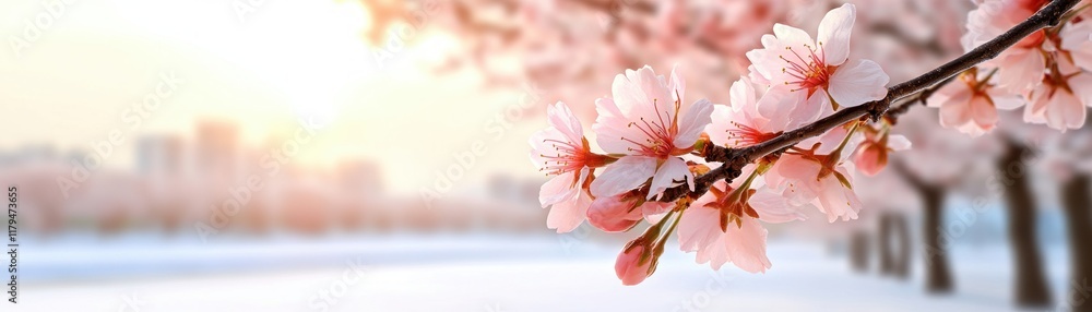 Obraz premium Discover a serene forest of cherry blossoms, their branches forming a natural canopy of soft pink hues, embodying elegance and peace Witness the enchanting beauty of natures artistry as sunlight