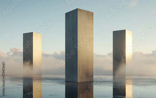 Minimalist geometric monoliths rising from reflective water surface in ethereal misty morning atmosphere with modern architectural design
