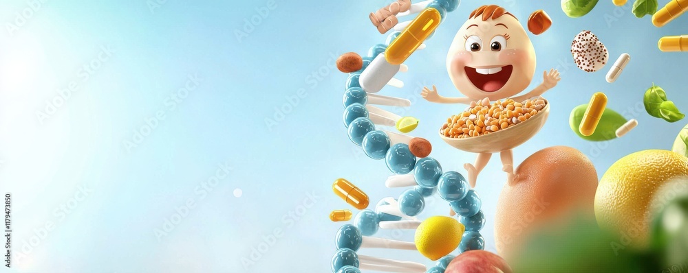 Naklejka premium Interactive animated dna with healthy foods and vitamins in a colorful environment engaging concept for wellness