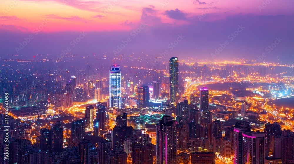 Fototapeta premium Night Lights Cityscape: A Panoramic View of a Vibrant Metropolis at Dusk