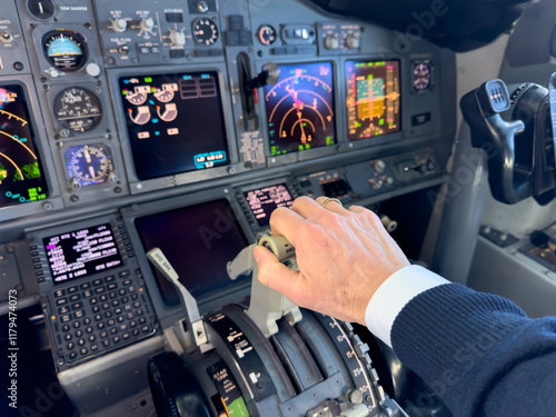 Fotografie Pilot setting or adjusting engine thrust levers in jet airplane