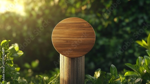 Round Wooden Sign in Green Environment. Generative AI photo