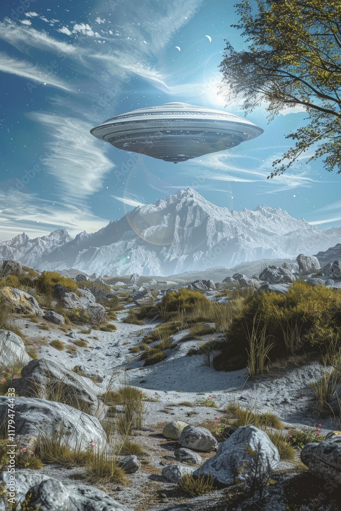 Futuristic ufo hovering above snowy mountain landscape under a clear blue sky. Concept of Science Fiction Day Futuristic ufo hovering above snowy mountain landscape under a clear blue sky. Concept of Science Fiction Day