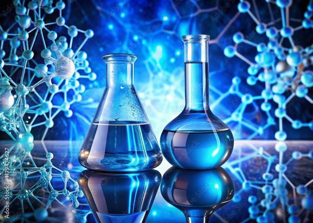 Double Exposure: Blue Liquid in Glass Flasks, Chemical Structures Background Double Exposure: Blue Liquid in Glass Flasks, Chemical Structures Background