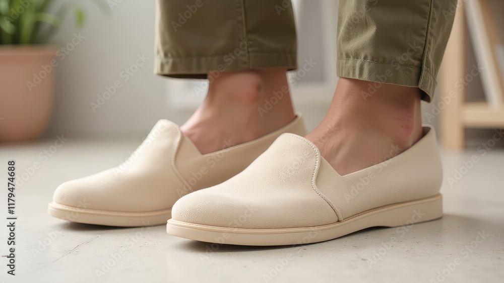 A sleek pair of white slip-ons, showcasing pristine white soles and a minimalist aesthetic A sleek pair of white slip-ons, showcasing pristine white soles and a minimalist aesthetic
