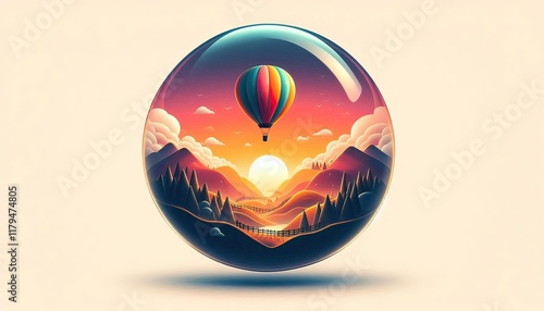 A vibrant hot air balloon floats gracefully above a breathtaking landscape at sunrise, its colorful fabric glowing in the early morning light as it drifts over rolling hills, rivers, and mist-covered  photo