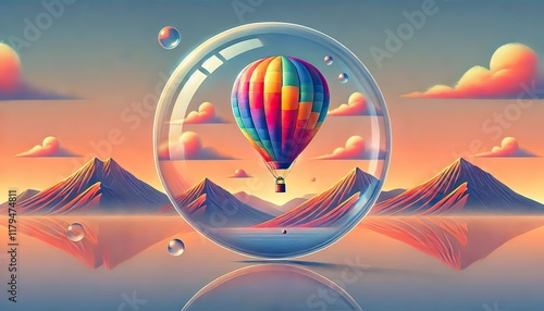 A vibrant hot air balloon floats gracefully above a breathtaking landscape at sunrise, its colorful fabric glowing in the early morning light as it drifts over rolling hills, rivers, and mist-covered 