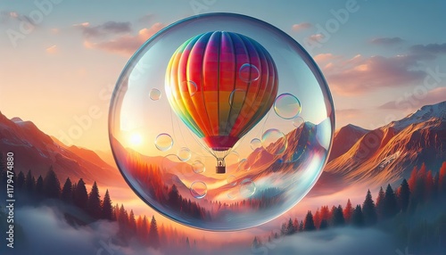 A vibrant hot air balloon floats gracefully above a breathtaking landscape at sunrise, its colorful fabric glowing in the early morning light as it drifts over rolling hills, rivers, and mist-covered 