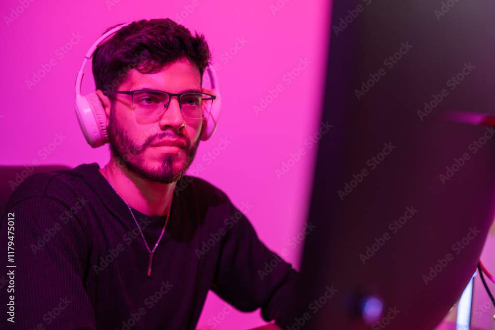 Fototapeta premium Young man engaged in gaming with headphones in a room illuminated by pink light