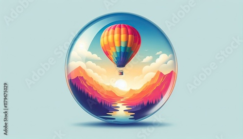A vibrant hot air balloon floats gracefully above a breathtaking landscape at sunrise, its colorful fabric glowing in the early morning light as it drifts over rolling hills, rivers, and mist-covered 