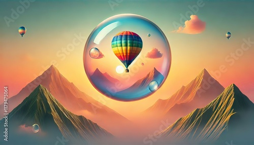 A vibrant hot air balloon floats gracefully above a breathtaking landscape at sunrise, its colorful fabric glowing in the early morning light as it drifts over rolling hills, rivers, and mist-covered 