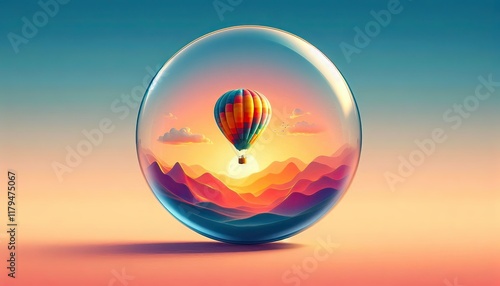 A vibrant hot air balloon floats gracefully above a breathtaking landscape at sunrise, its colorful fabric glowing in the early morning light as it drifts over rolling hills, rivers, and mist-covered  photo