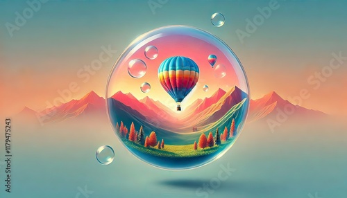 A vibrant hot air balloon floats gracefully above a breathtaking landscape at sunrise, its colorful fabric glowing in the early morning light as it drifts over rolling hills, rivers, and mist-covered 
