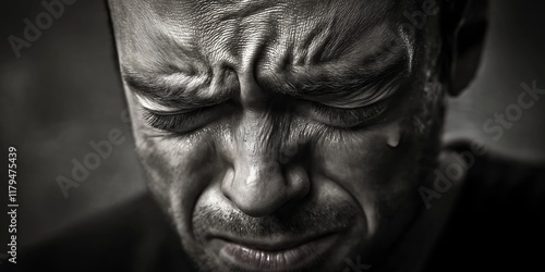 A close-up shot of a distressed man crying, highlighting raw emotions and vulnerability in a moment of sorrow. photo