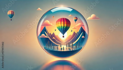 A vibrant hot air balloon floats gracefully above a breathtaking landscape at sunrise, its colorful fabric glowing in the early morning light as it drifts over rolling hills, rivers, and mist-covered 