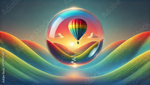 A vibrant hot air balloon floats gracefully above a breathtaking landscape at sunrise, its colorful fabric glowing in the early morning light as it drifts over rolling hills, rivers, and mist-covered 