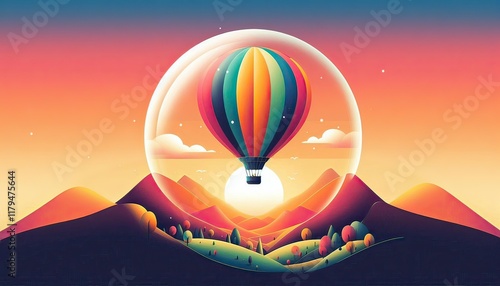 A vibrant hot air balloon floats gracefully above a breathtaking landscape at sunrise, its colorful fabric glowing in the early morning light as it drifts over rolling hills, rivers, and mist-covered 