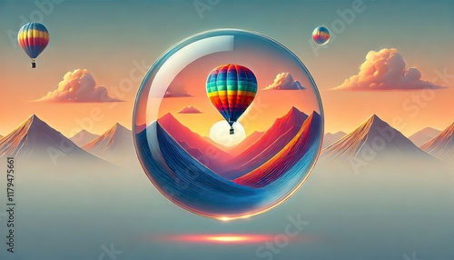 A vibrant hot air balloon floats gracefully above a breathtaking landscape at sunrise, its colorful fabric glowing in the early morning light as it drifts over rolling hills, rivers, and mist-covered 