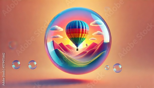 A vibrant hot air balloon floats gracefully above a breathtaking landscape at sunrise, its colorful fabric glowing in the early morning light as it drifts over rolling hills, rivers, and mist-covered 