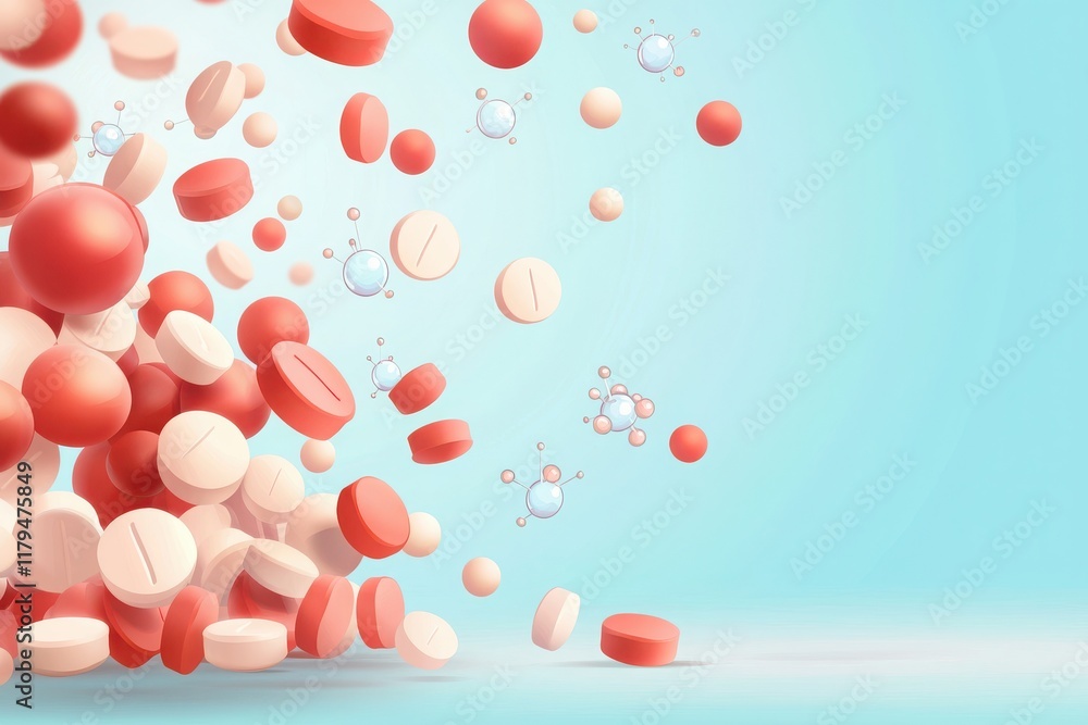 Pills in a food science experiment laboratory setting digital illustration colorful environment close-up view molecular concepts Pills in a food science experiment laboratory setting digital illustration colorful environment close-up view molecular concepts