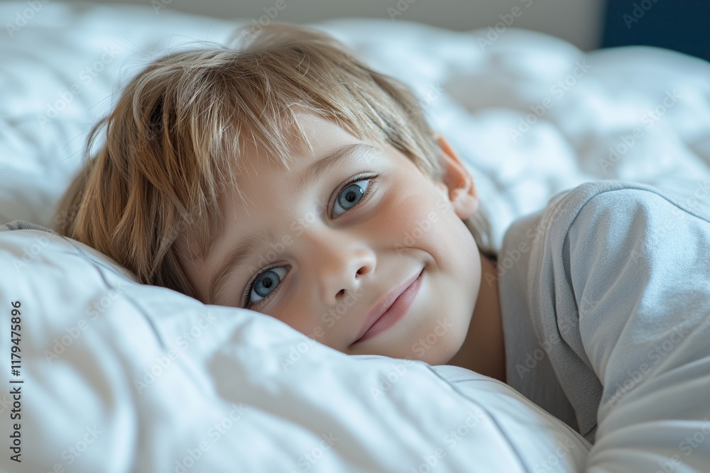 A joyful young boy lying on a plush bed, radiating innocence. A joyful young boy lying on a plush bed, radiating innocence.