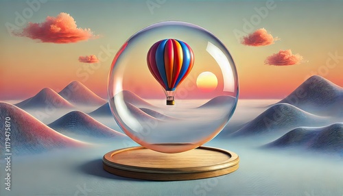 A vibrant hot air balloon floats gracefully above a breathtaking landscape at sunrise, its colorful fabric glowing in the early morning light as it drifts over rolling hills, rivers, and mist-covered 