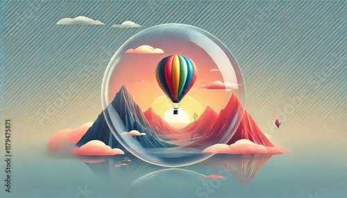 A vibrant hot air balloon floats gracefully above a breathtaking landscape at sunrise, its colorful fabric glowing in the early morning light as it drifts over rolling hills, rivers, and mist-covered 