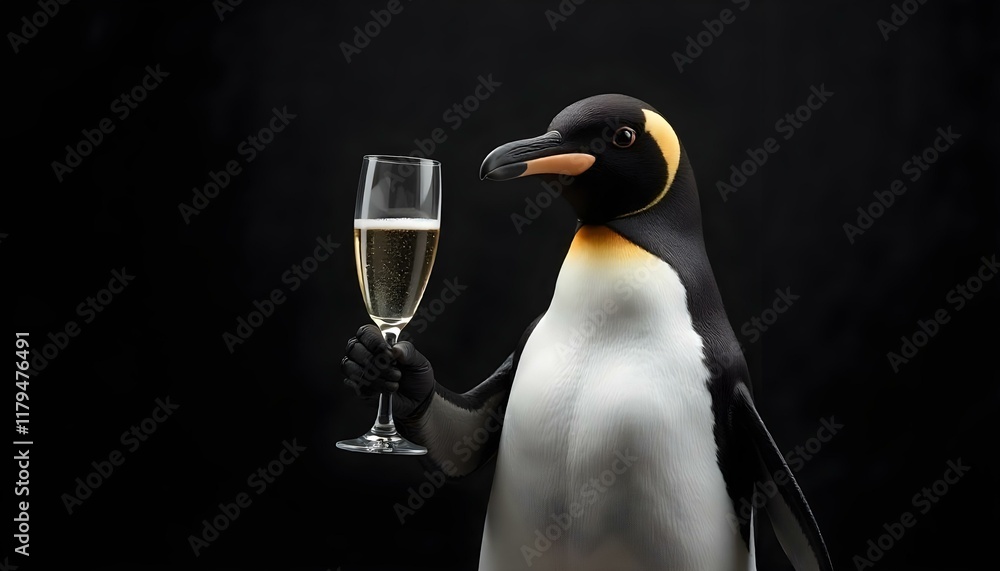 Fototapeta premium Stylish penguin tuxedo event raising a champagne glass, with a dark, classy background