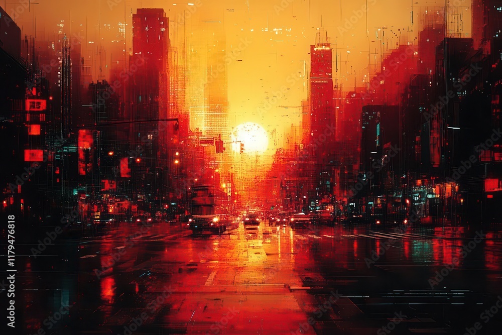 Fototapeta premium digital city abstraction glitch art interpretation of urban landscape with vibrant color distortions and technological elements