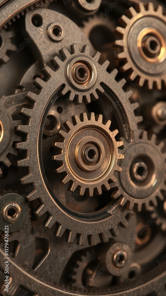 Close-up of intricate clockwork gears meshing, steel, texture Close-up of intricate clockwork gears meshing, steel, texture