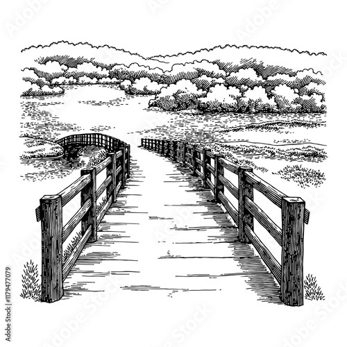 Wooden Bridge Over Water in Perspective View Detailed Black and White Outline Line Art Drawing