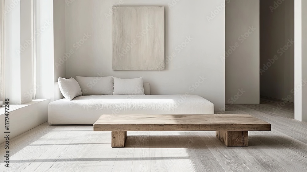 Fototapeta premium Minimalist living room with wooden coffee table, sunlight, white sofa, and artwork.
