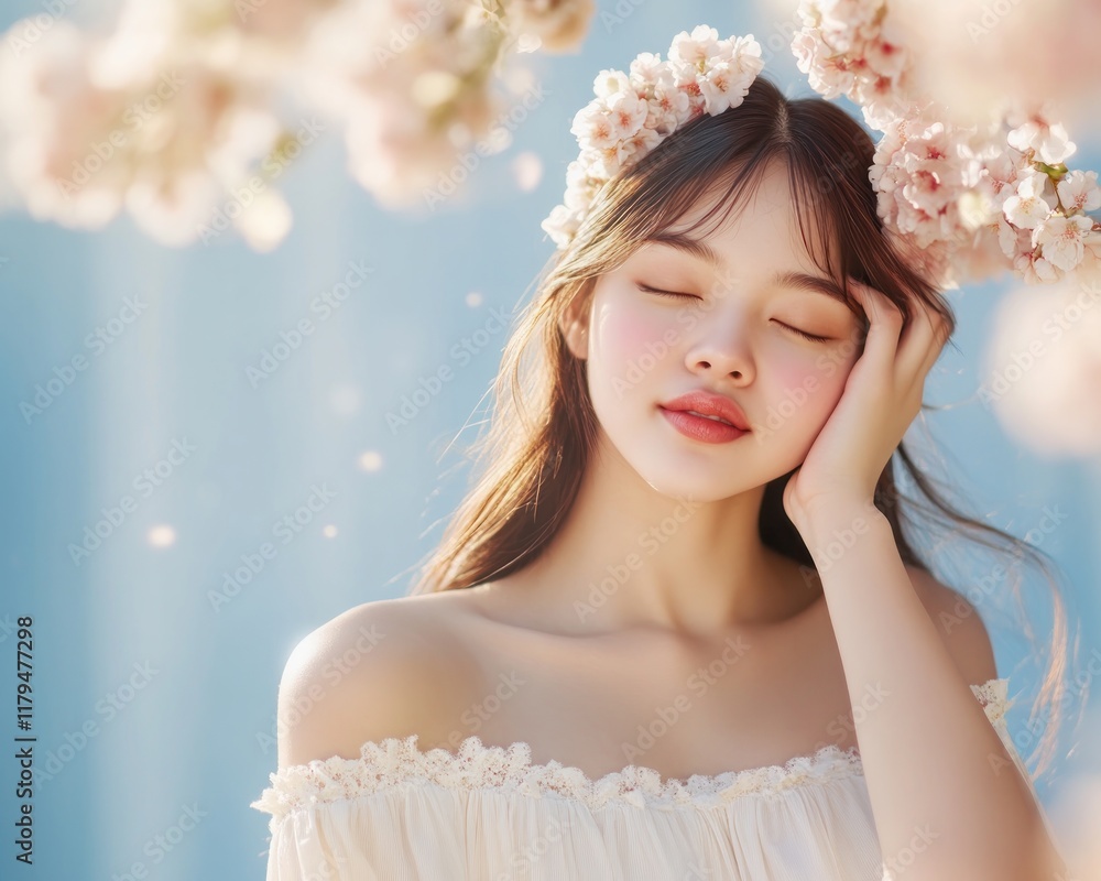Experience springtime serenity under a canopy of blossoms, the gentle breeze carrying the promise of renewal, a moment of peace and natural beauty captured in this image A young woman with fair skin Experience springtime serenity under a canopy of blossoms, the gentle breeze carrying the promise of renewal, a moment of peace and natural beauty captured in this image A young woman with fair skin
