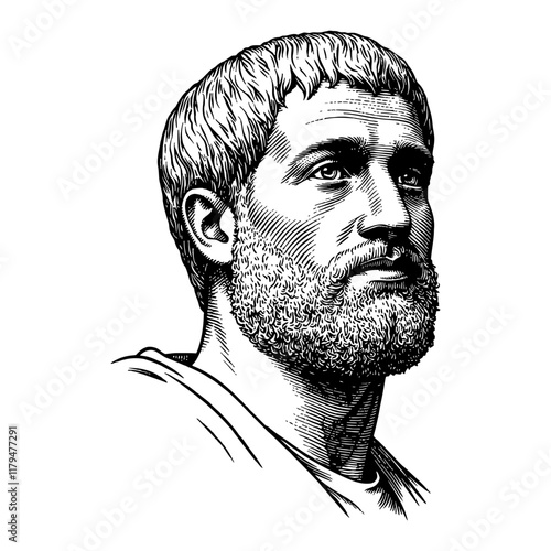 A Greek Man Portrait with Beard Detailed Black and White Outline Line Art Drawing Engraving