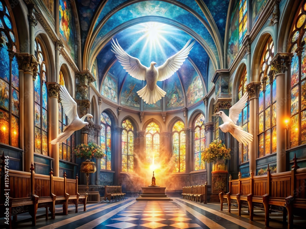 Fototapeta premium Double Exposure: Holy Spirit Church, Spiritual Overlay, Abstract Religious Art, Sacred Space Photography