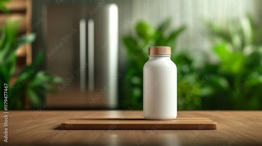Modern White Bottle Mockup in a Kitchen. Generative AI Modern White Bottle Mockup in a Kitchen. Generative AI