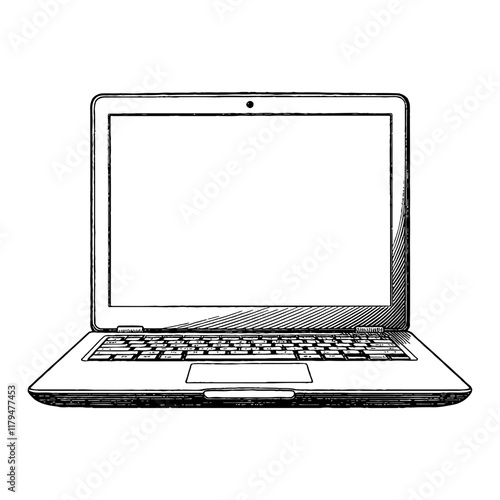 Laptop Front View Detailed Black and White Outline Line Art Drawing Illustration Computer Device