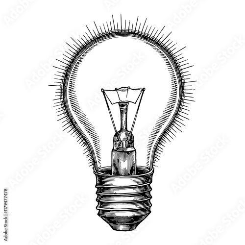 Detailed Light Bulb Black and White Outline Line Art Drawing with Engraved Hatching Style
