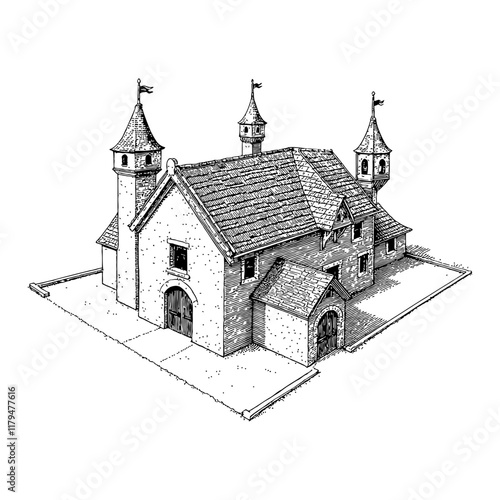 Medieval Isometric Building with Towers in Detailed Black and White Outline Line Art Drawing