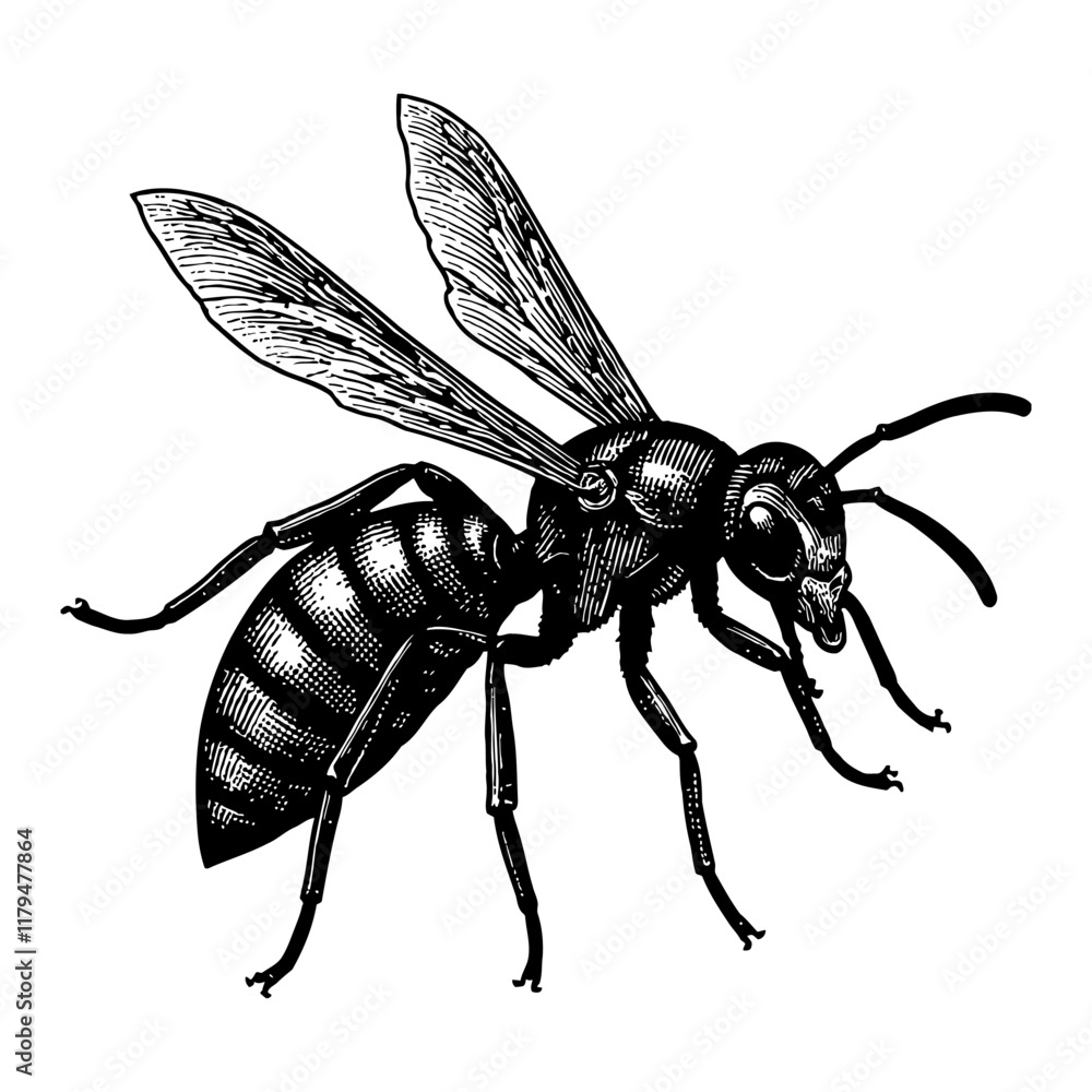 Obraz premium Wasp Detailed Insect Black and White Outline Line Art Drawing Engraved Style Isolated Object