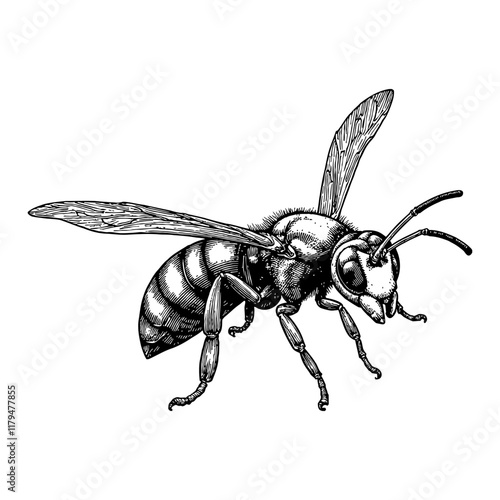 Wasp Insect with Detailed Wings and Antennae Black and White Outline Line Art Drawing