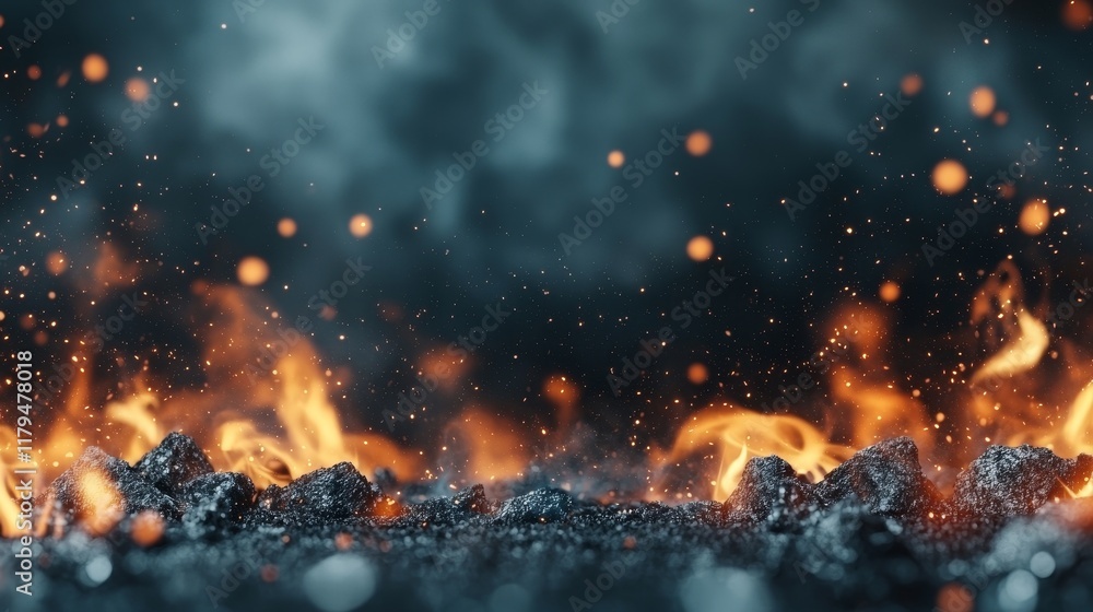 Fiery Embers and Sparks Dramatic Burning Coal Close up Fiery Embers and Sparks Dramatic Burning Coal Close up