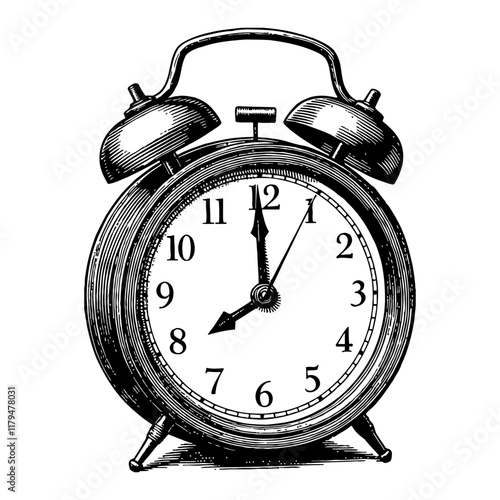 Detailed Alarm Clock with Number in Vintage Style Black and White Outline Line Art Drawing
